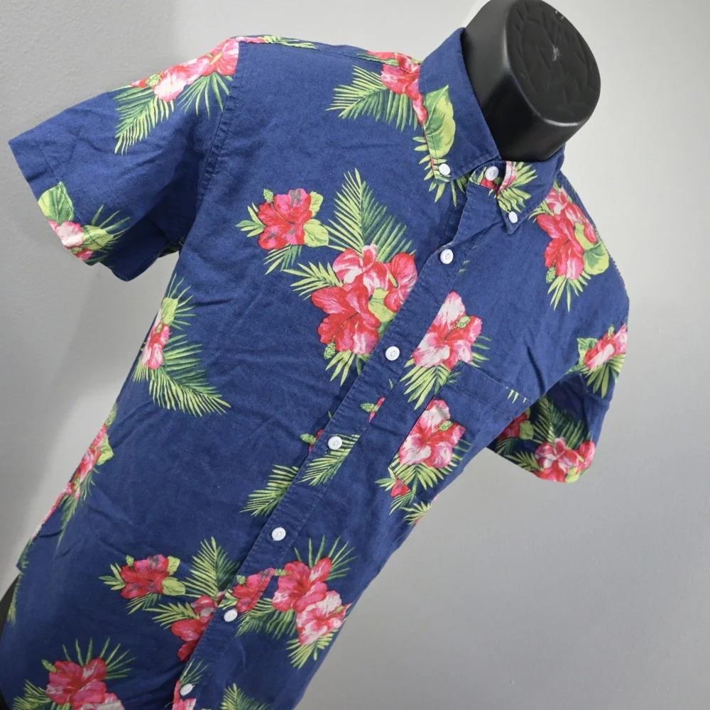 J.Crew Button Up Short Sleeve Shirt Mens M Slim Blue Floral Cotton Linen E8666